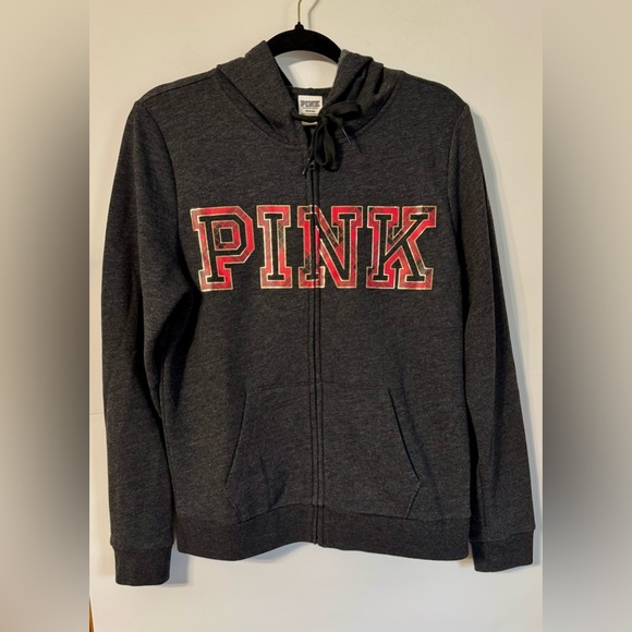 PINK Victoria's Secret Everyday Lounge Full Zip Charcoal Plaid Hoodie Size M - Picture 3 of 14